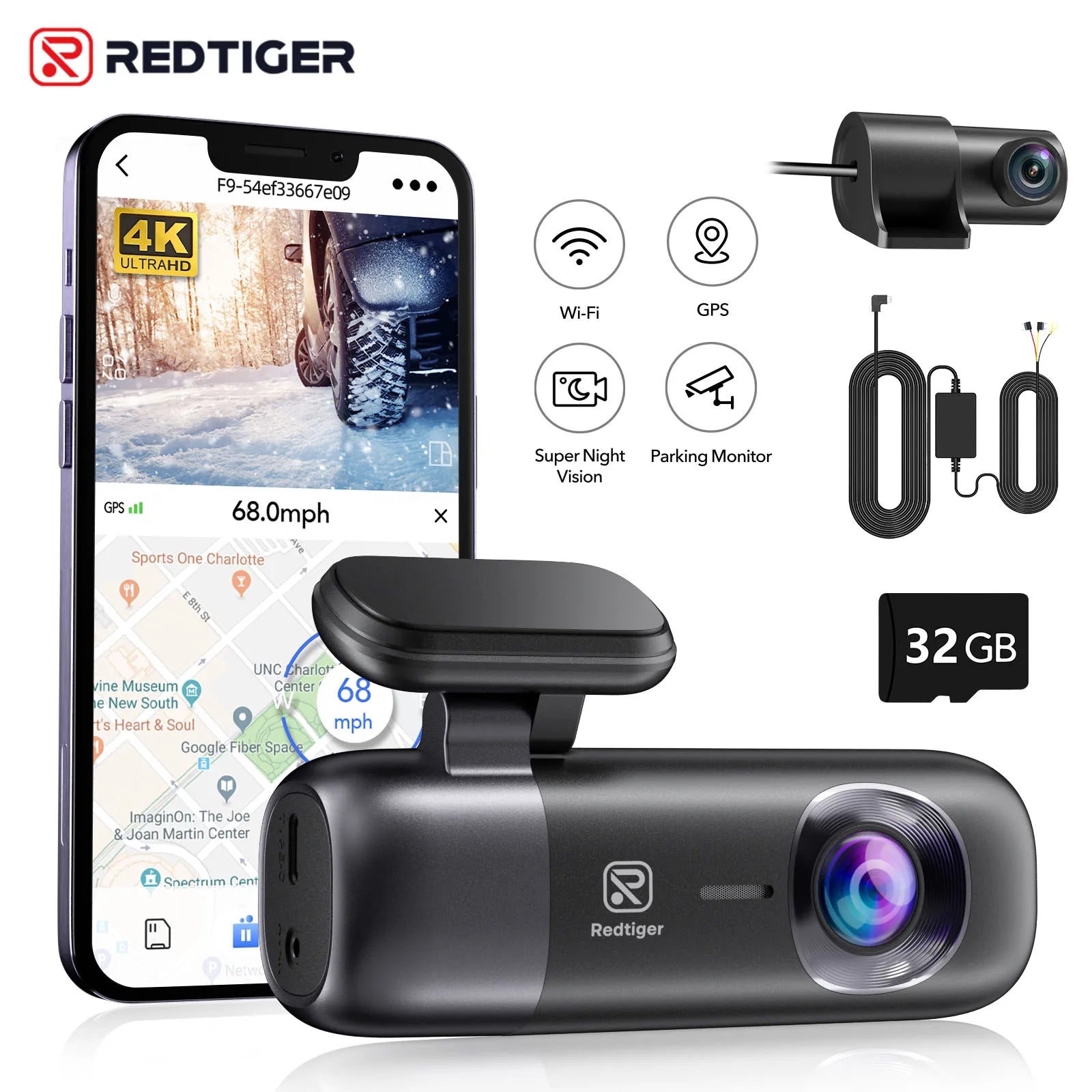 WiFi GPS 4K Dash Cam | REDTIGER F9 Front Rear Night Vision